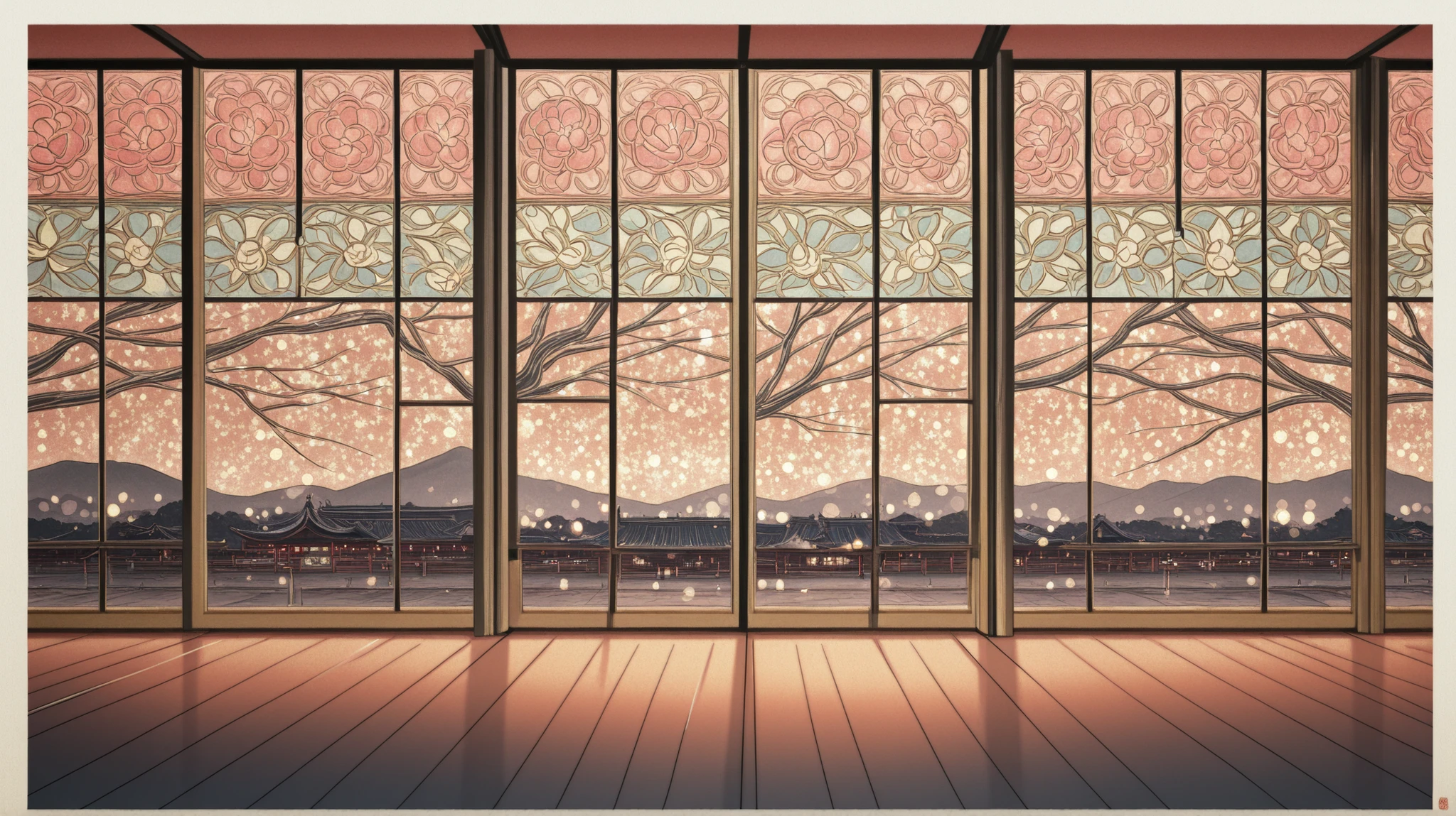 Exterior Like Stained Glass,Mythical Scenery of Japan,Elegant Posture Like Ukiyo-e,Express 々Fresh air,Professional 4K Rendering,Bokeh Lights,vivid colors,Natural Texture,Delicate line drawing ,Composition Full of Detail,Masterpiece Quality　