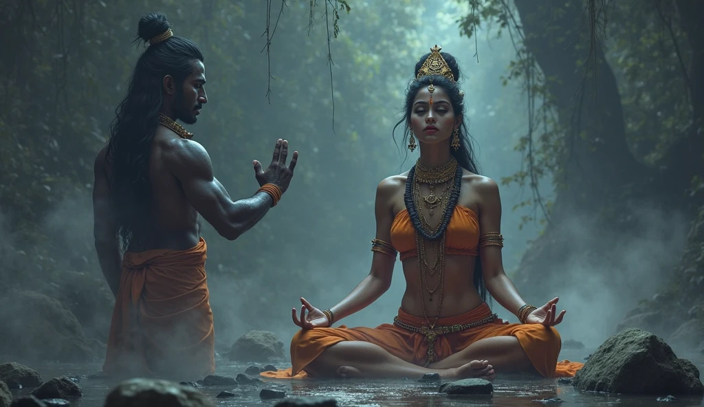 Lord Mahadev and Parvati are both sitting on a stone in a beautiful forest