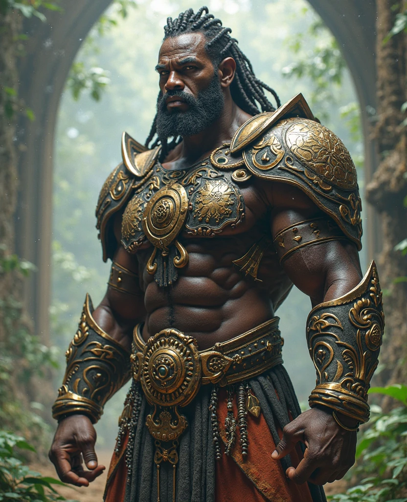 Draw a Man with very dark skin,stark, with many muscles,
, with African features and clothing, striking eyes, from ancient times