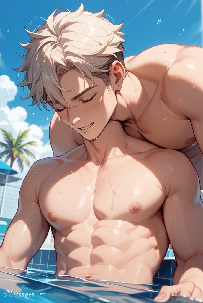 2boys, naked, completely, muscular, handsome, outdoor, bathing with steam, hot spring, onsen, sweat, look at viewer, depth of field, bokeh, detailed background, detailed lighting, diffused natural sunlight, diffused natural skin glow, symmetry eyes