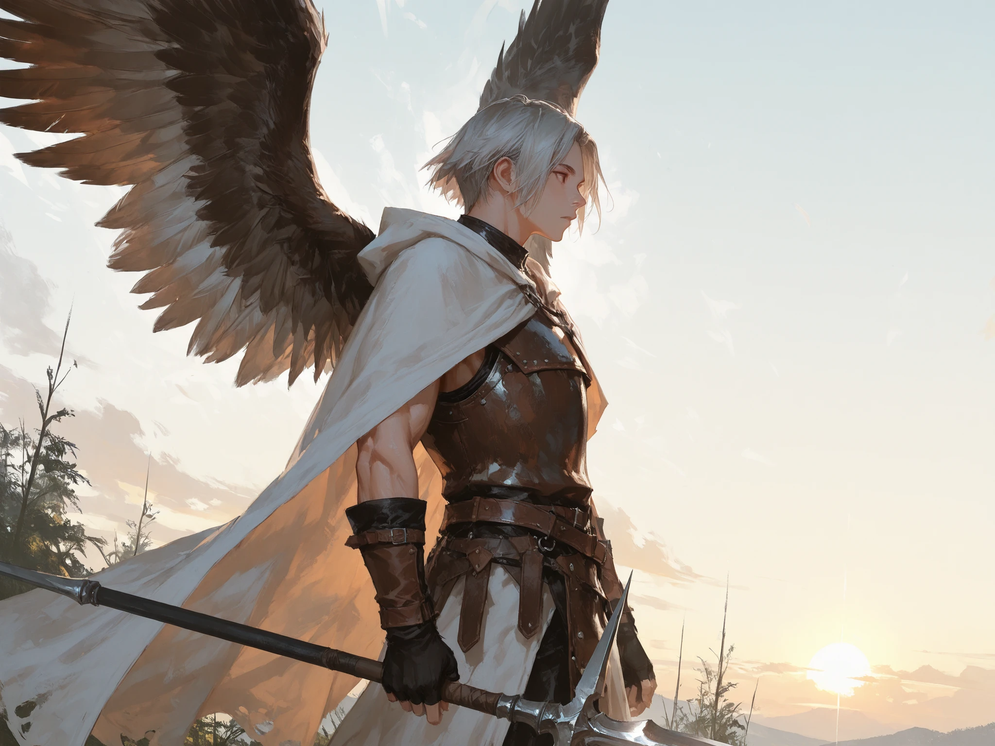 medium shot, side shot, makes an aesthetic, Master piece, Best Quality, ultra detailed, a handsome (man:1.6), man, solo, male Short Hair, messy silver hair, fingerless gloves, beautiful brown eyes, toned, leather armor, white cloak, eagle wings, holding a Mythical long spear, Sacred forest, morning, fantasy world