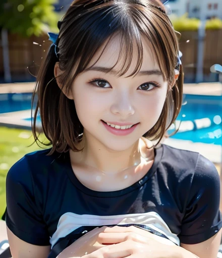 Adorable, Poolside, Japanese Girls, (Portraiture, close:1.2),Exposed forehead, Scrunchie,( cheek,Glossy Lips:1), Micro Bikini, Small panties, View your viewers, ,Sweaty, (Baby Face), (Suggestive, smile:0.7), (Pale skin:1), (Put your hands behind your back), sunset, catch_Light, (nsfw), (squat), (Spread your legs wide), (((Show your pubic area excitedly))), (naked:1.5),