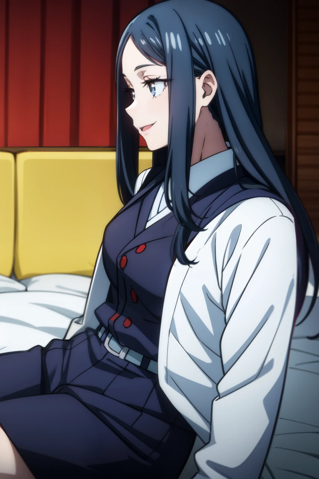 young girl, Smile, uniform jujutsu,white eyes, dark blue hair, long hair, anime style jujutsu kaisen, soft gaze, Okkotsu yuta, middle part hairstyle
