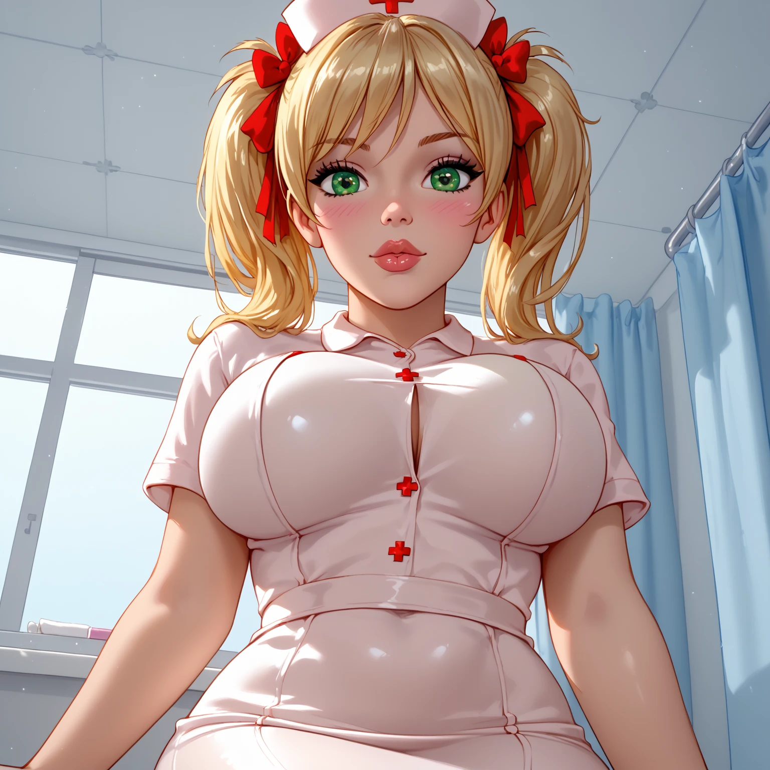 High resolution, Very detailed, perfect lighting, beautiful detailed eyes,   ((masterpiece,Best Quality)), absurdities, alone,     princess zelda, by the width, crown braid, Hair clip, pointy ears, pink one-piece tight-fitting nurse costume, tight pink nurse costume, Gloves without fingers, black gloves, sexy garter belt, sexy garter belt, smile, curves, nod,   ,  deep neckline, deep neckline