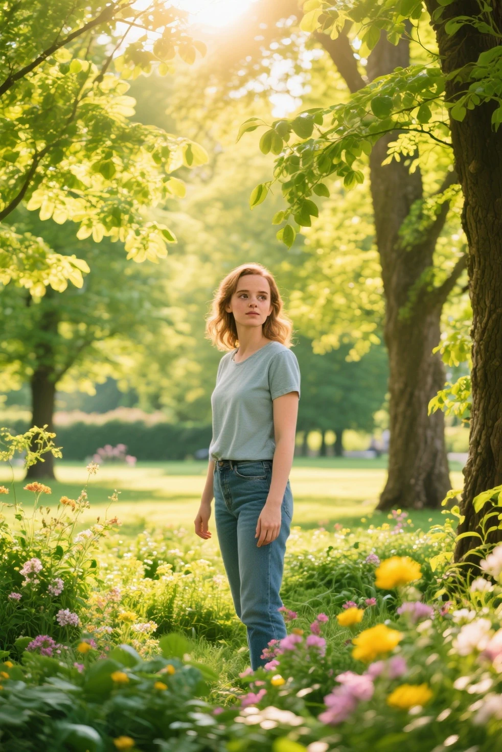 her name is Amelie, high quality, 1girl, ((25-year-old fit Caucasian woman)), ((25 years old)), ((SLIM)), ((short blonde hair)), pose: standing, wearing fashionable Generation-Z modern wear pastel colored, BACKGROUND: "Visiting Parc de la Tête d'Or, with its expansive lawns, botanical gardens, and serene lake."