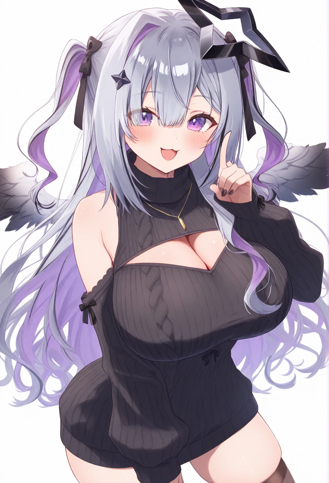 masterpiece, best quality, highly detailed, 1girl, solo, hoolheyak, grey hair, head wings, large breasts, hair between eyes, black bra, black panties , simple background, smile, upper body, looking at viewer,