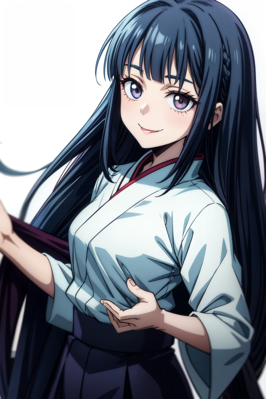 young girl, Smile, uniform jujutsu,white eyes, dark blue hair, long hair, anime style jujutsu kaisen, soft gaze, Okkotsu yuta, middle part hairstyle
