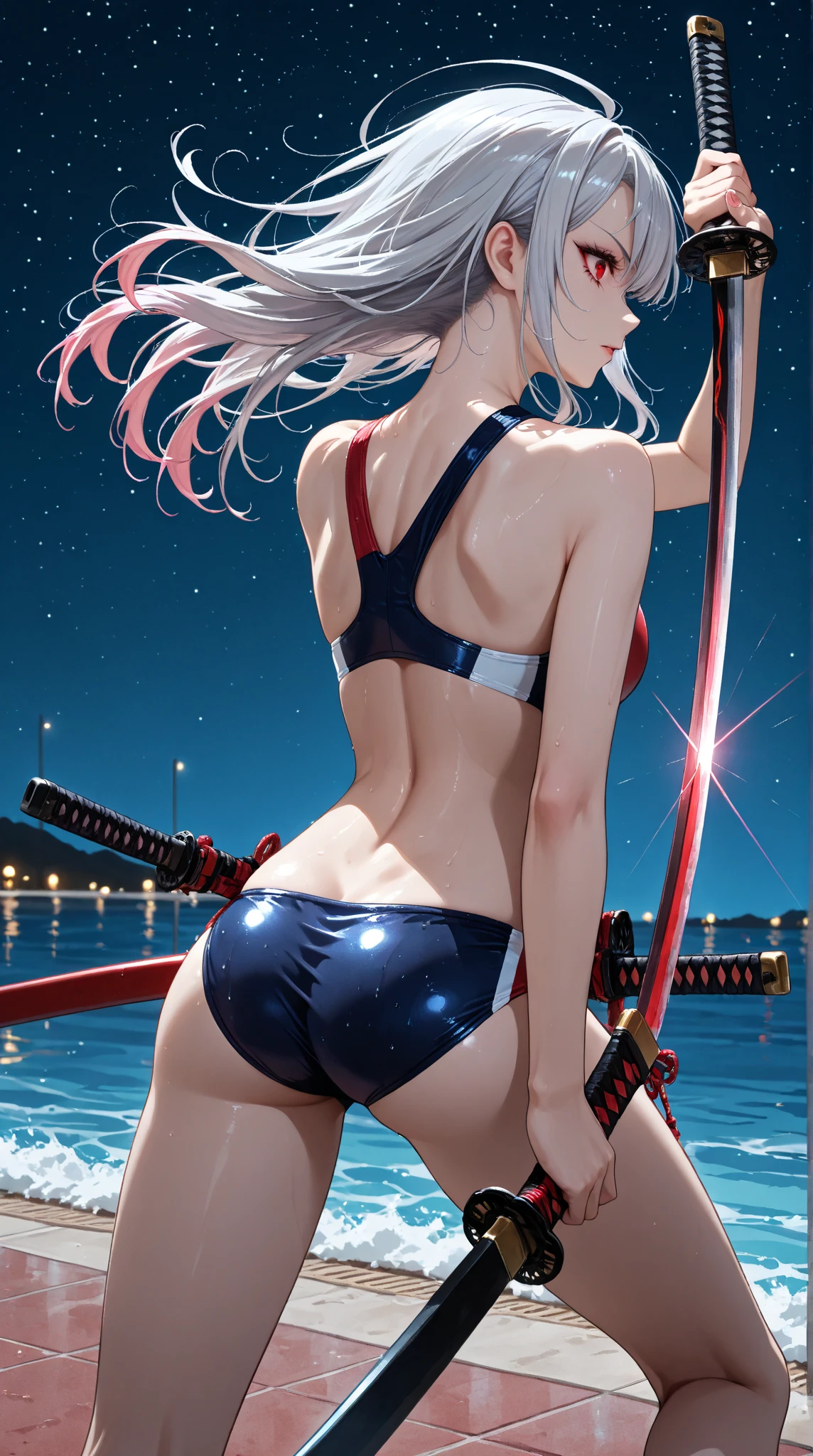 heroine winning a battle in combat, manga style woman, perfect manga, highly detailed, DRONE: full body view from head to toe, perfect body with medium sized rounded firm breasts, similar to Lucy heartphilia, super beautiful woman with practically symmetrical face , manga eyes: 3/4 size, eyes the color of her hair, she is 16 years old, her clothes are extremely short, tube top extremely short and torn and frayed, medium sized hair, wet silver hair with green tips, pose of victory and happiness, leap of joy, random drone angle.