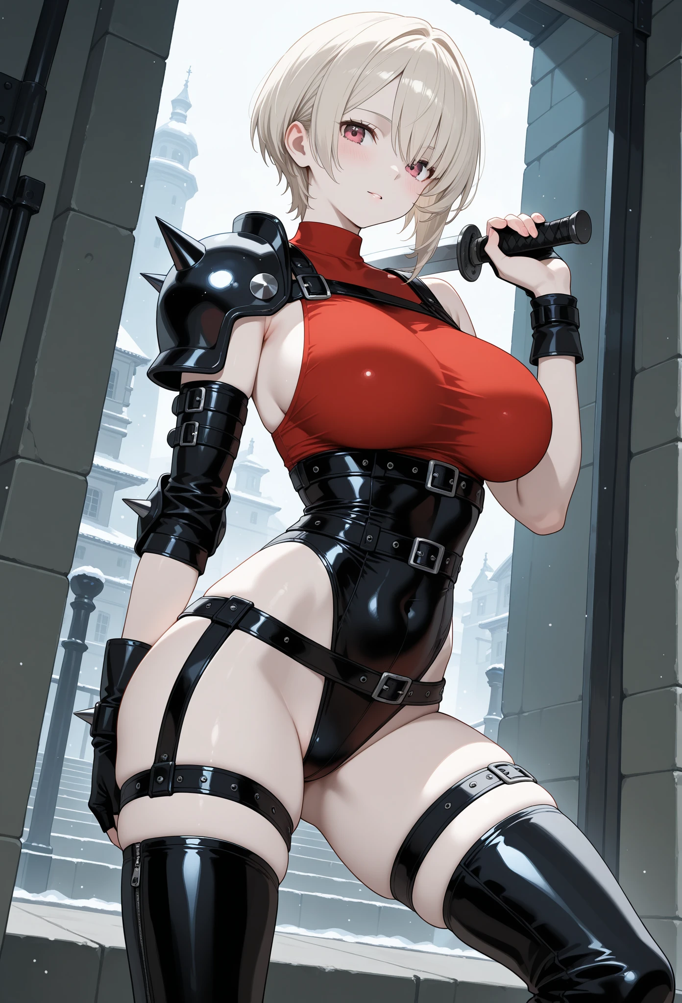 1990s style, dark fantasy anime illustration of a (mature MILF BIMBO Dark Elf with grey skin and short white hair), (UPPER BODY) perfect face, wearing tight leather stealth armor, stalking her victim at DAYLIGHT, ambient light, dark and moody, retro style, BIG KNOCKERS CLEAVAGE, lustful smirking smile red blush red cheeks, chain leash, kneeling, shackles, leather black collar slave, ((BLACK background))