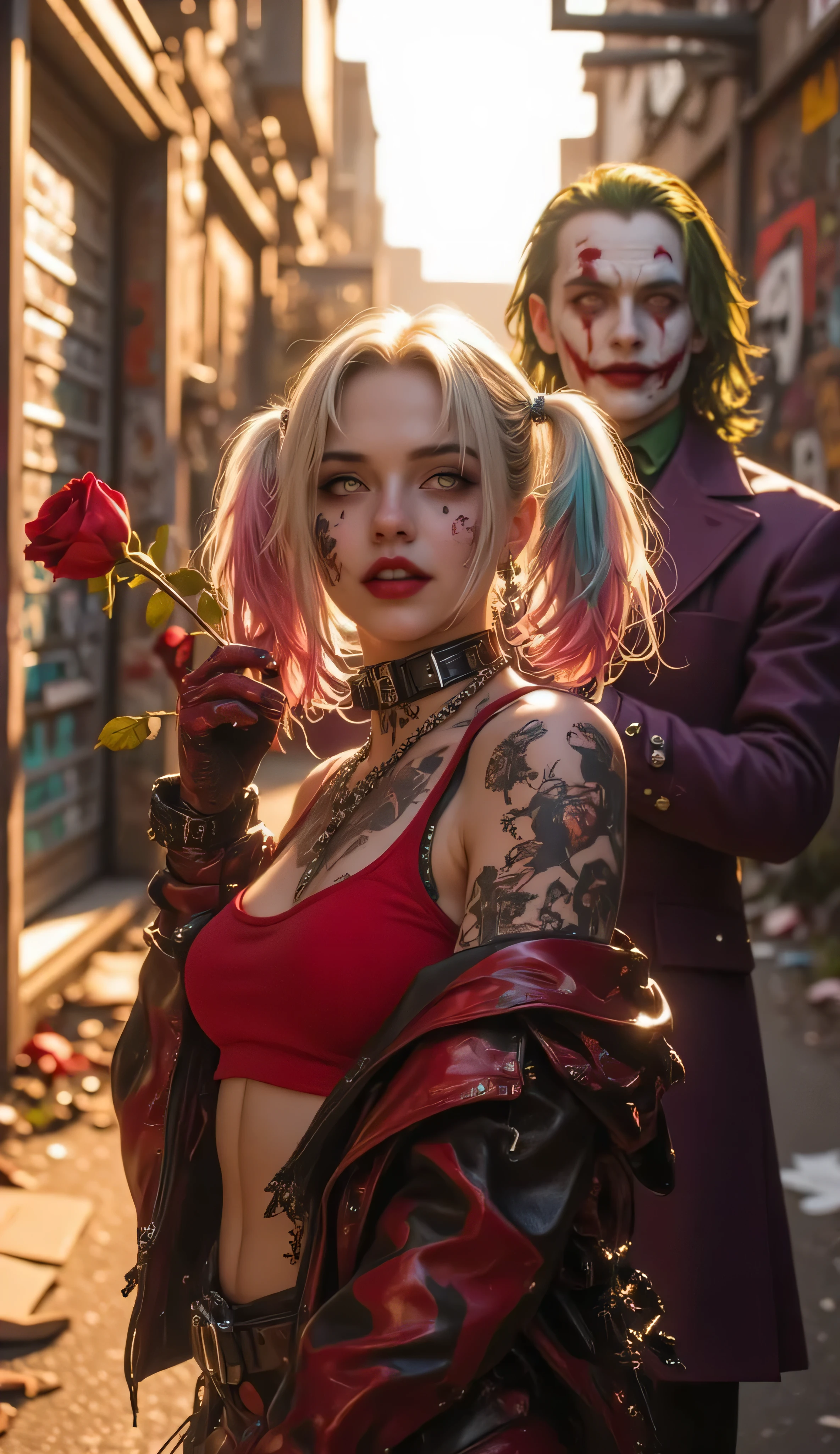 A hyper-realistic, ultra-detailed 8K cinematic image focusing on Harley Quinn standing confidently, facing the camera with a dismissive expression, while The Joker stands behind her, being ignored.
Harley Quinn:
She stands at the center of the frame, facing the camera directly with a sassy, dismissive look on her face — lips slightly curled in a smirk, one eyebrow raised.
Her red-and-blue punk-inspired outfit is battle-styled yet stylish, with a leather jacket hanging off one shoulder.
Her blonde hair with pink and blue tips is tousled but fierce, giving her a rebellious aura.
Her pose is confident — one hand on her hip, the other hanging casually, showing she’s completely unbothered.
The Joker (in the background):
Standing behind Harley, slightly out of focus, holding a wilted red rose.
His expression shows a mix of surprise and frustration, realizing he’s being ignored.
His sharp purple trench coat and slicked-back green hair make him look striking, yet powerless in this moment.
Environment:
A gritty, graffiti-filled alleyway in Gotham during golden hour — warm sunlight highlights Harley while casting shadows behind her.
The mood is cinematic and dramatic, amplifying the emotional distance between the two characters.
Mood:
Bold, empowering, and filled with emotional contrast — Harley Quinn takes center stage, confident and unfazed, leaving The Joker literally and emotionally behind.