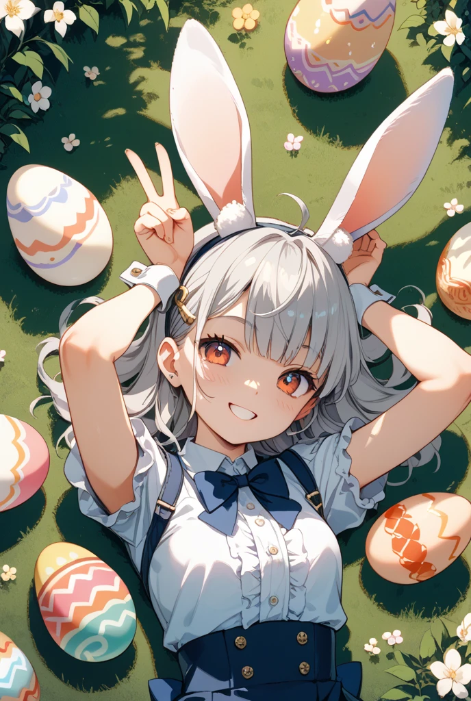 pixar style, left side view, white rabbit anime character, white hair, 2 ear, blush, flying, 2D carrot, solid background, wing like angel, eyes closed with a smile, riding carrot 
