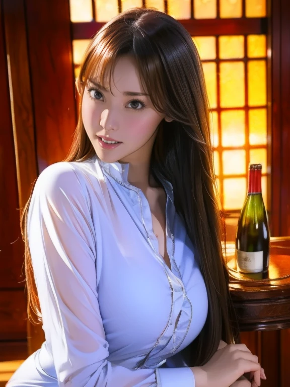 ​masterpiece、top-quality、realisitic、(A hyper-realistic), (illustratio), (hight resolution), (8K), (ighly detailed), (The best illustrations), (beatiful detailed eyes), (top-quality), (ultra-detailliert), (​masterpiece), (wall-paper), (详细的脸), a bed、Upper body close-up,Armpit, A smile,Plump,独奏,（Wearing a silk plunged open shirt:1.5）, full of sweat, japanes, large full breasts, (camel's toe)、huge-breasted、Luxury living room、Detailed white teeth、ultimate beauty girl、No bra、（Thick necklace of gold）、perfect teeth、Brown hair、Light makeup、Navel、She's wet、soaked、