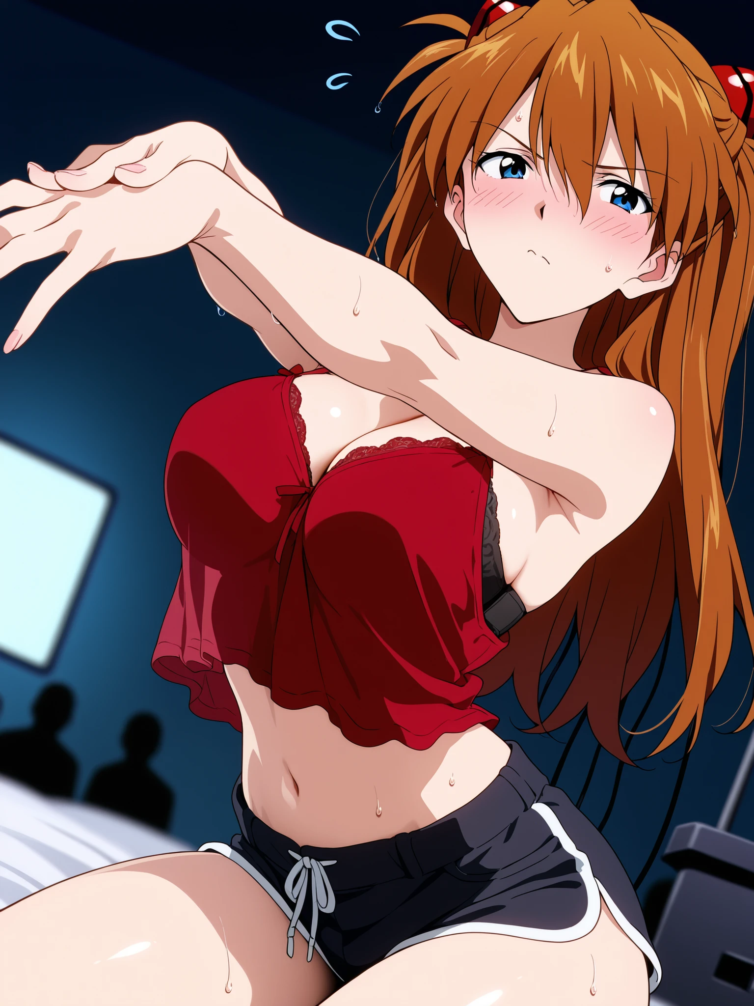 ,Browsing Caution,Highest quality, 1 Girl,The girl is covering her nipples with both hands,glamorous, A girl is surrounded by many boys,red long ponytail hair,ribbon,white bikini,Girls are shy,extreme long shot