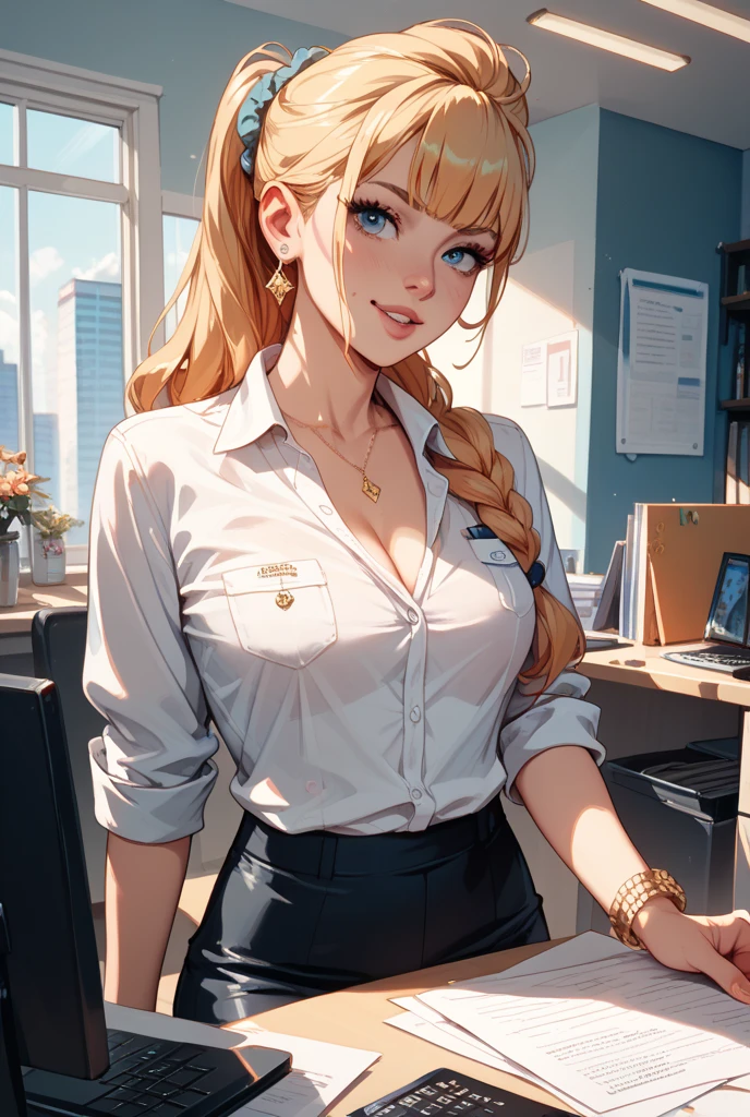 (8k, masterpiece), ultra high resolution, (realistic, photo-realistic), Kirsten Gillibrand, wear a low-cut shirt, short skirt, in a class room,, giving a cute and sexy smile, spectacular dynamic lighting, vivid colors, delicate face, detailed skin, realistic skin details, visible pores,