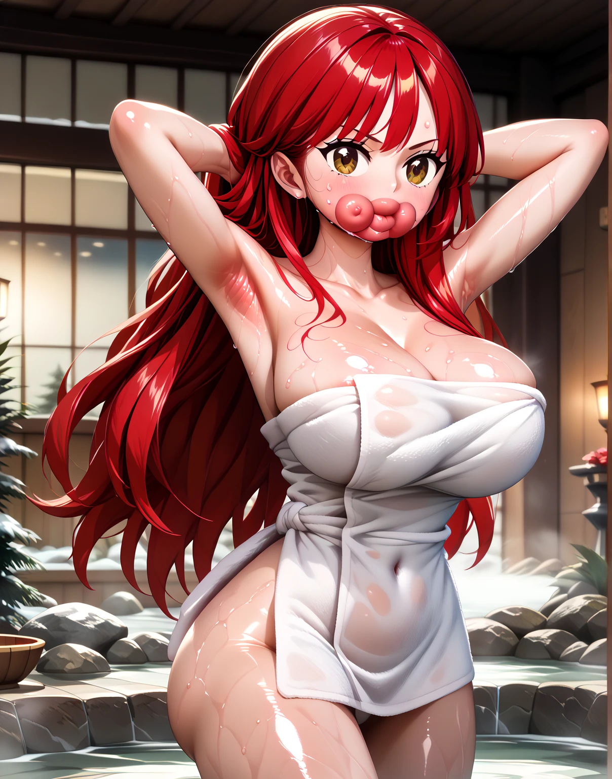 masterpiece, best quality, 1 girl, solo, large breasts, light brown eyes, blunt bangs, red hair, double hair buns hair, japanese shrine, (orgasm face,1.3), sweat, japanese miko, japanese room, (nsfw:1.2), (topless:1.2), sweat, steam, pov hands, ass grab, deep skin, (cum:1.3)