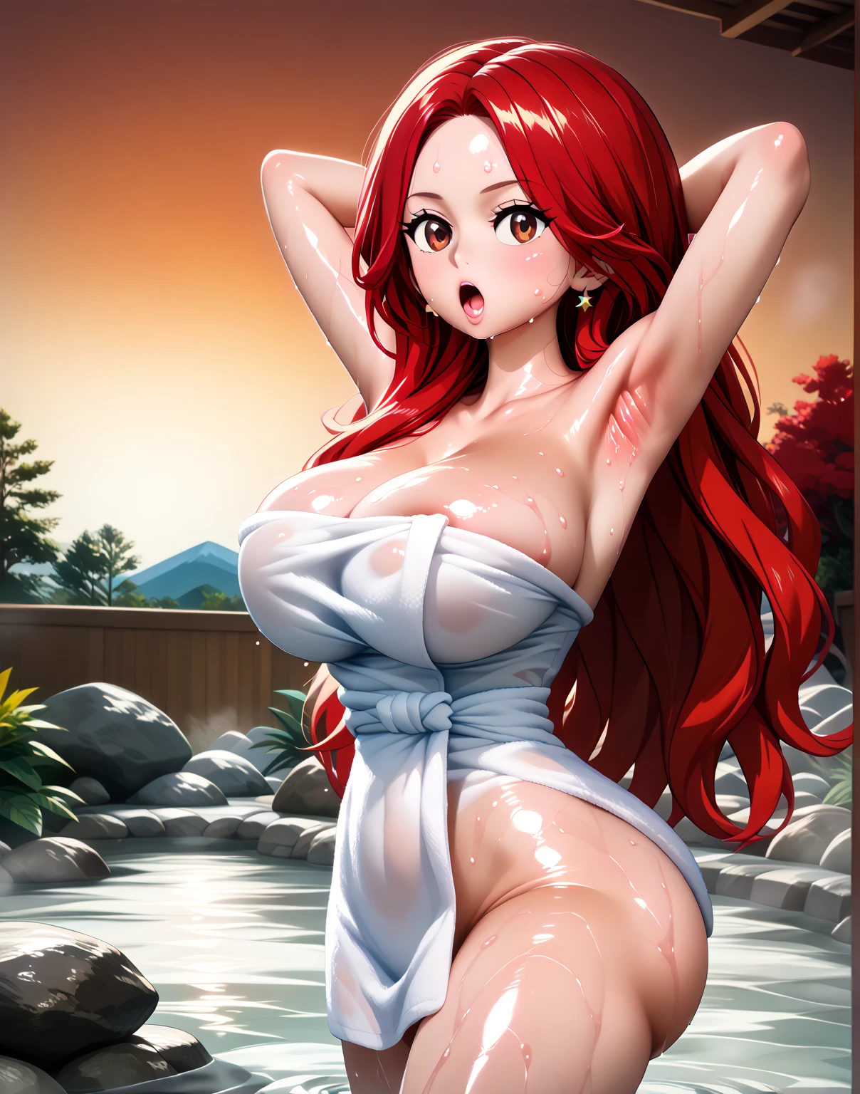 Erza, red hair, navel,, 1girl, hair over one eye, large breasts, underwear, long hair,animerza, looking at viewer, brown eyes ,masterpiece, best quality, , big breasts, blush,looking down, bathing, towel, medium breasts, nipples, navel, bath, steam, mist, lying, eyes closed, arms behind head, armpits, sweaty armpits, close up,