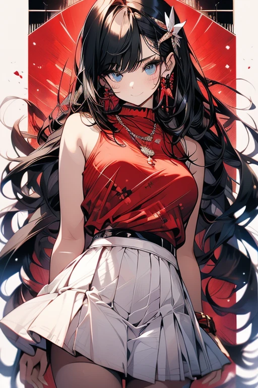 adulto, Cabello negro ondulado, mirada penetrante con ojos profundos de color rojo, estatura promedio, Silky hair with a ponytail hairstyle collected with a red bow with two white lines, tiene pechos medianos, primer plano, session, standing in the middle of his room [[[Risa malvada]]] , Sonrojada, muslos grandes, falda corta, blusa corta de tirantes blanca, elfa, showing her ass to the camera, lifting her skirt so that her panties can be seen, skirt rising,falda corta, falda llegando hasta la mitad de los muslos
