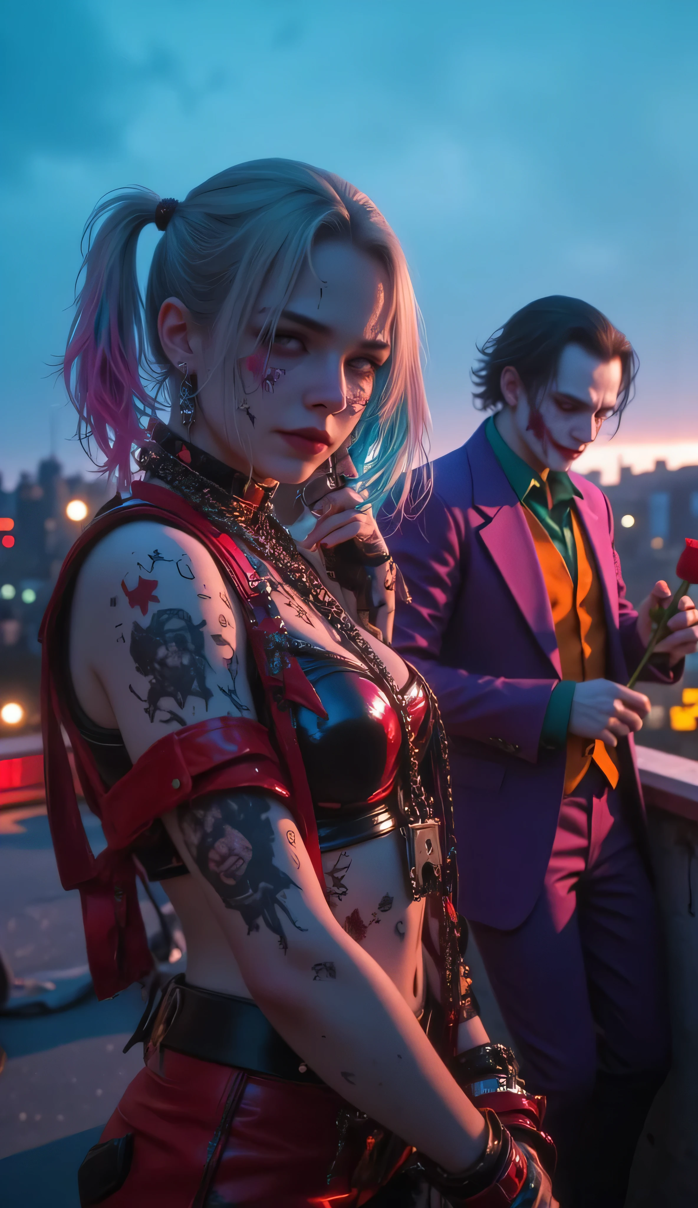 A hyper-realistic, ultra-detailed 8K cinematic image capturing Harley Quinn standing in the foreground, facing the camera with a slightly angry, irritated expression, while The Joker stands in the background holding a flower, unsure and tense.
Harley Quinn:
She stands facing the camera, her head slightly turned as if she just glanced at The Joker behind her.
Her face shows mild anger — furrowed brows, a tight-lipped expression, and eyes filled with frustration.
She wears a modern, red-and-blue punk outfit with subtle tears and scratches, her blonde hair with pink and blue ends slightly messy.
Her posture is defensive — arms crossed or one hand on her hip, radiating tension and assertiveness.
The Joker (in the background):
He stands a few steps behind, holding a single red or black rose, clearly trying to win her back.
His expression is awkward or slightly regretful, unsure how to react to Harley's anger.
Dressed in a fashionable violet suit with emerald-green shirt, his slicked-back hair and iconic makeup contrast with his uncertain demeanor.
Environment:
A gritty urban rooftop or alleyway in Gotham at dusk, with neon lights flickering nearby.
Wind slightly lifts Harley’s hair and Joker’s coat, adding motion and tension to the scene.
The lighting highlights Harley’s face while keeping Joker slightly shadowed in the background.
Mood:
Emotionally charged, stylish, and dramatic — Harley Quinn asserts her boundaries while The Joker stands powerless, trying to win her back.