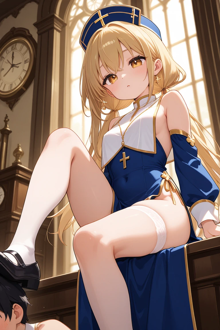 guild girl, long hair, blonde hair, yellow eyes,bra,mini skirt,split spread legs sitting