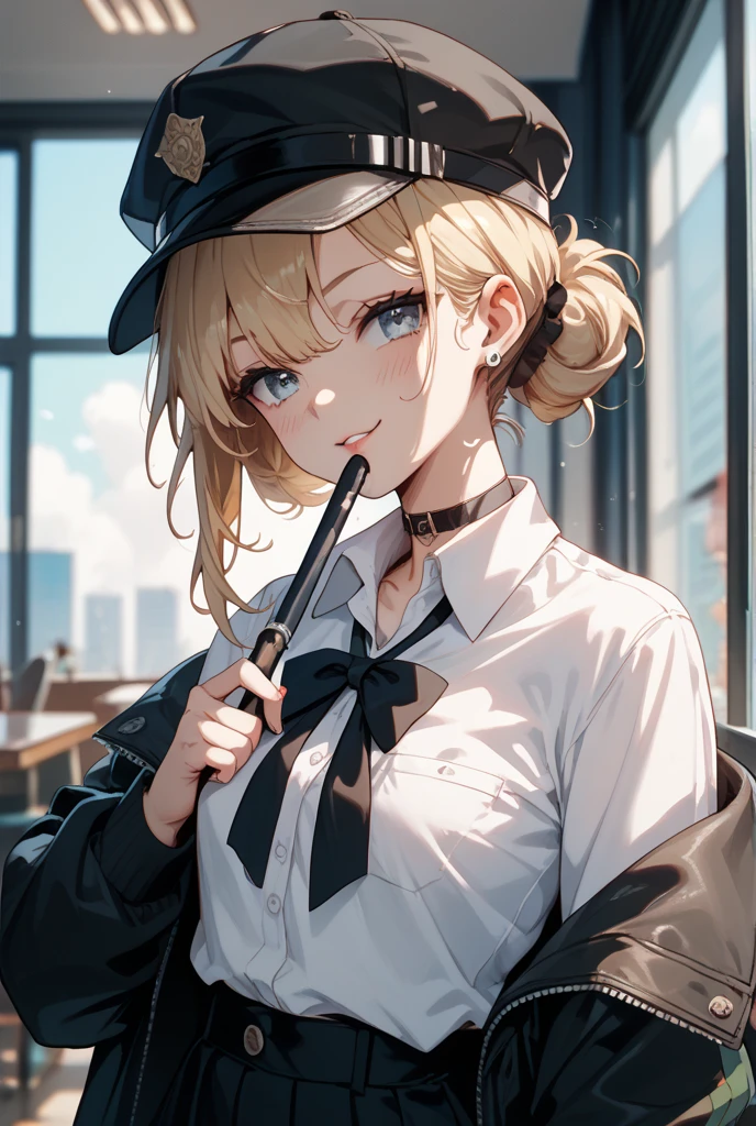 (detailed), adult woman like Sherlock Holmes, Wearing a deerstalker hat and an Inverness coat, Smoking a Pipe, British gentleman style, ((highest quality)), ((masterpiece)), perfect face, blonde hair, short hair, Woman in her 20s