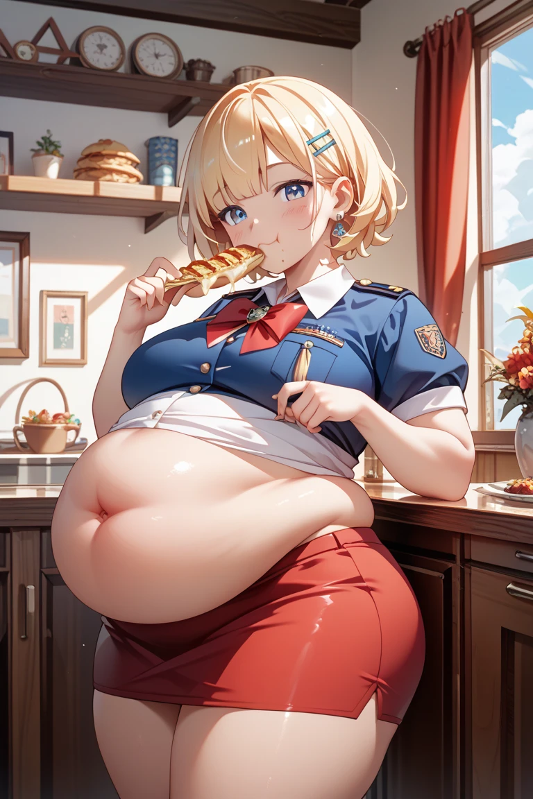 fat, pregnant, big belly, overweight, Riza Hawkeye, hair in bun, fat, big belly, clothed, sitting down, table full of food, cookies, eating cookies, very fat, Christmas season, Christmas time, Christmas season, holidays, Christmas sweater, twin tails