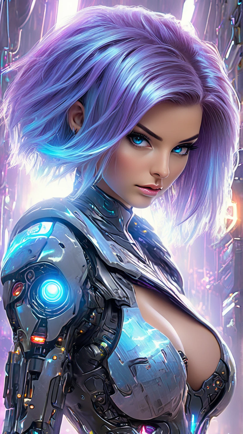 (Full body photo:2), (One/woman/Mechanic:1.8), (beautiful breasts:1.1), (all Mechanical body:2), (With bionic armor:1.5), Black gear on white, (She was in the spaceship near the window, Gazing into space:1.5), (She has very short straight purple hair:1.2), (blue eyes:1.2), (Moaning:1.5), (blush:1.5), hyper detailed skin texture, (She is posing sensually for the viewer:1.5), Realistic photos, 16K, high quality, Textured skin, Ultra-high resolution, Award-winning