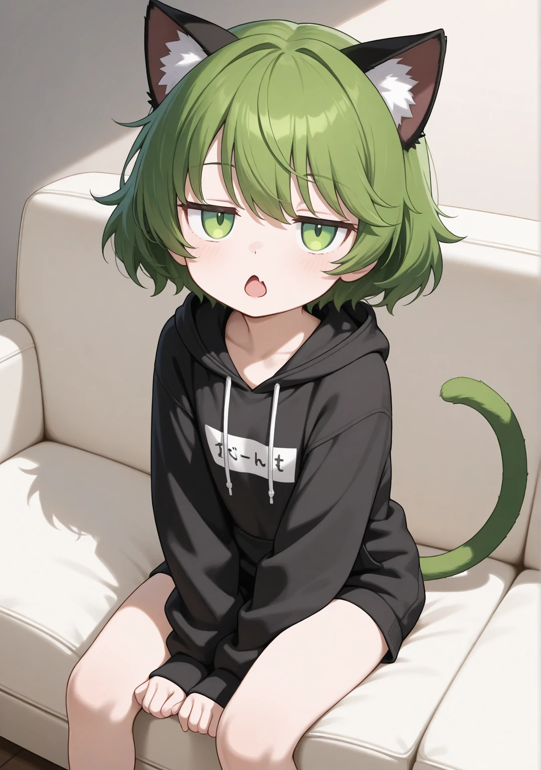 Green hair long、Cat ear、red eye、hoodie、Open the zipper a little and you can see my chest