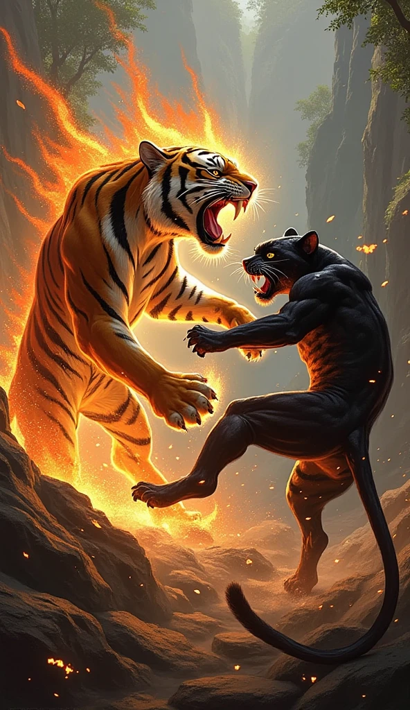 A giant beastman character in the form of a tiger,Wearing a camouflage military uniform,Wearing a pair of military boots。The background is dark clouds filled with firelight,Viewed from the ground upwards,Highlights his massive size。Beast Man holds a toy rifle in his left hand,Serious and focused expression