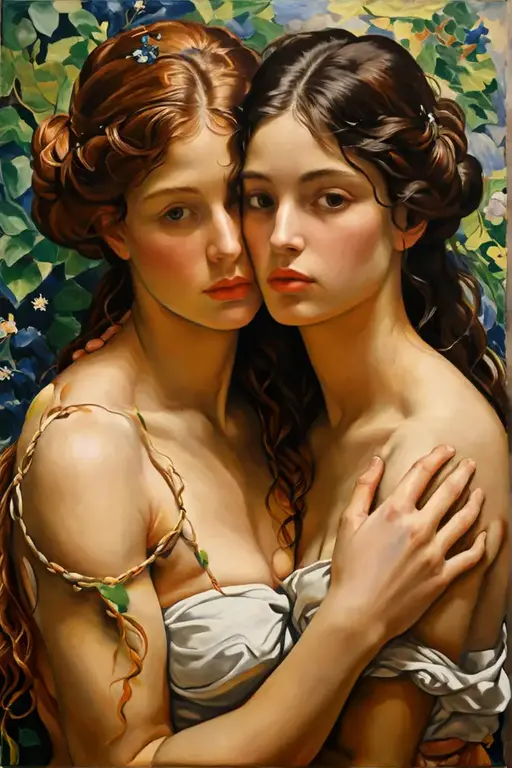 NSFW, (masterpiece, best quality:1.5), oil painting by Leonardo da Vinci and Alfons Maria Mucha, (perfect anatomy:1.2), two gorgeous and stunning pale-skinned young pregnant goddesses is deeply in love with each other, kiss, fantastic make-up, jewelry, flower, aurora, mystical ambiance, magnificent panorama view