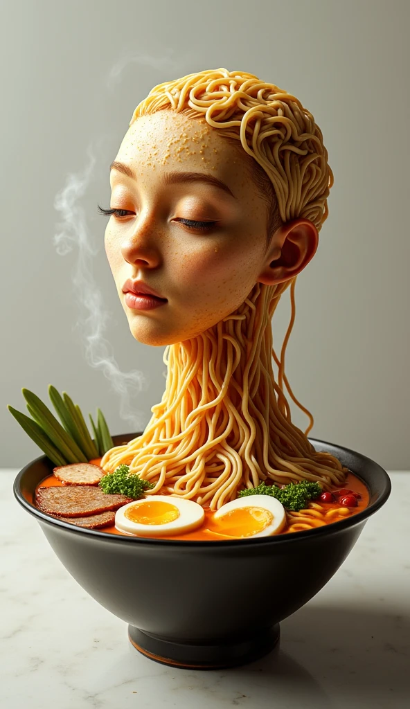 Masterpeace, hyperrealustic, decapitated female head on a bowl, Asian face, covered with noodkes and meat finger, sossis, seblak, like soup, ((eyes closed)), served like a food dish, bloody, photorealistic, 4K, Nikon, horror, ahegao face, with top shooting angle, very realistic, (complex detail: 0.9), (hdr, hyperdetail: 1.2), RAW, Sony Alpha a9 II, 24-105mm f/4, HDR,