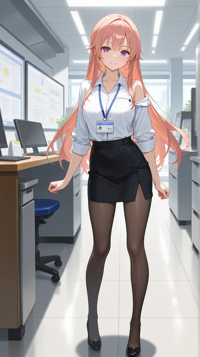 (ultra-high resolution:1.5), anime, Office worker, office, bewitching woman, white shirt, tight skirt, big breasts,Unbutton your shirt a little , cleavage, red bra showing, beautiful legs, stockings, black high heels,Shooting from a little lower,Long slender legs, beautiful feet.