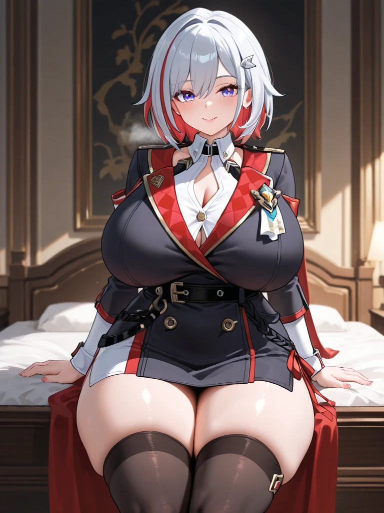 A woman wearing a black military dress with red details, wearing a long white fur cape, long gray hair, long pigtails, red eyes, a white military hat with gold details, large breasts, in a luxurious room, full body,HDR, masterpiece, well defined, ultra resolution, high quality, 8k HD. (just a woman, solo)