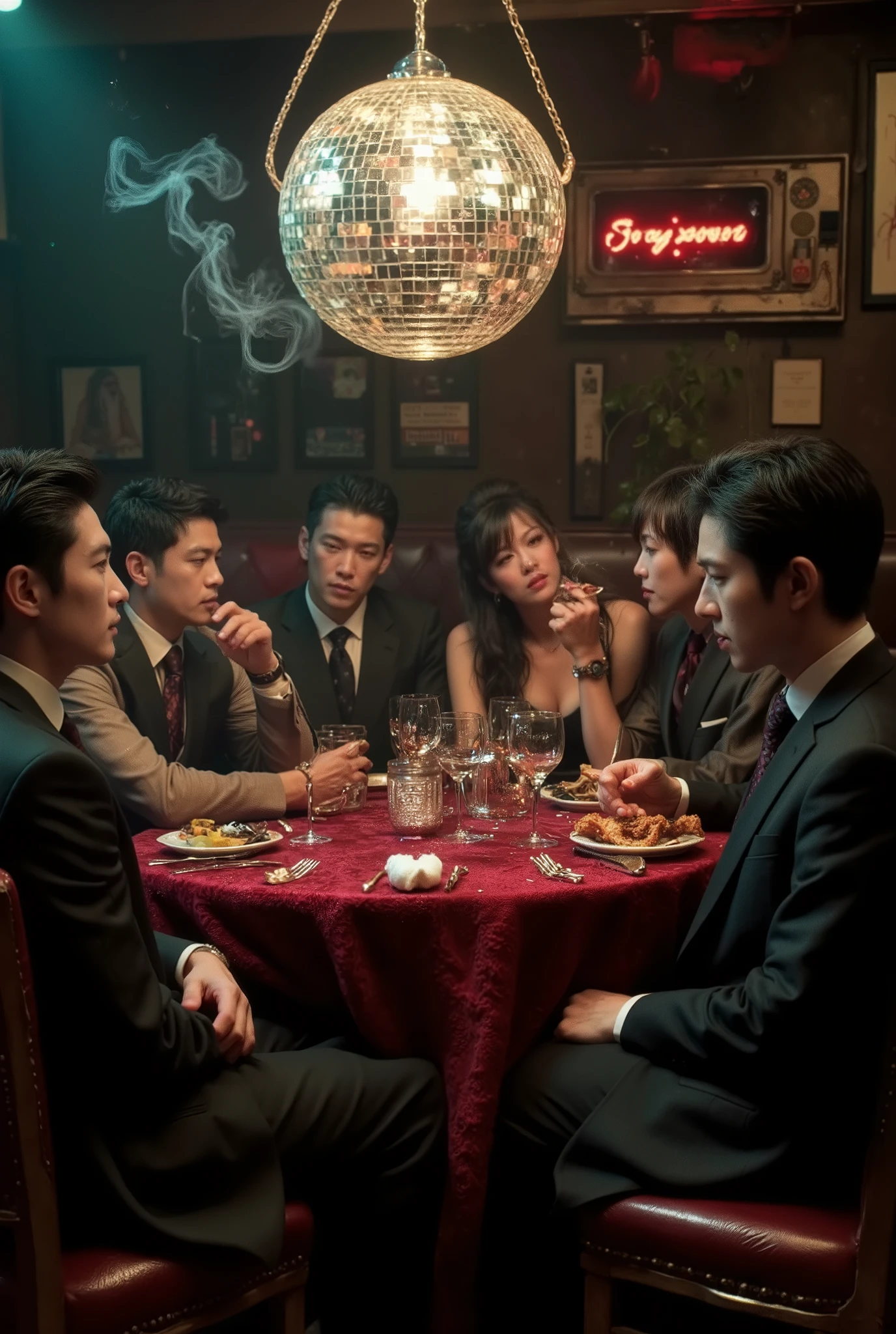 cinematic film "In a secret underground bar, a group of extravagant and debauched figures gather around a worn velvet table, an old disco lamp flickering above them. The dark ambient lighting reveals smoke curling in the air; glasses half-full of glowing liquor; whispers and laughter echo in the shadows. The scene is gritty, cinematic, dripping with moody noir energy. Cyberpunk noir aesthetic, ultra-detailed digital painting.