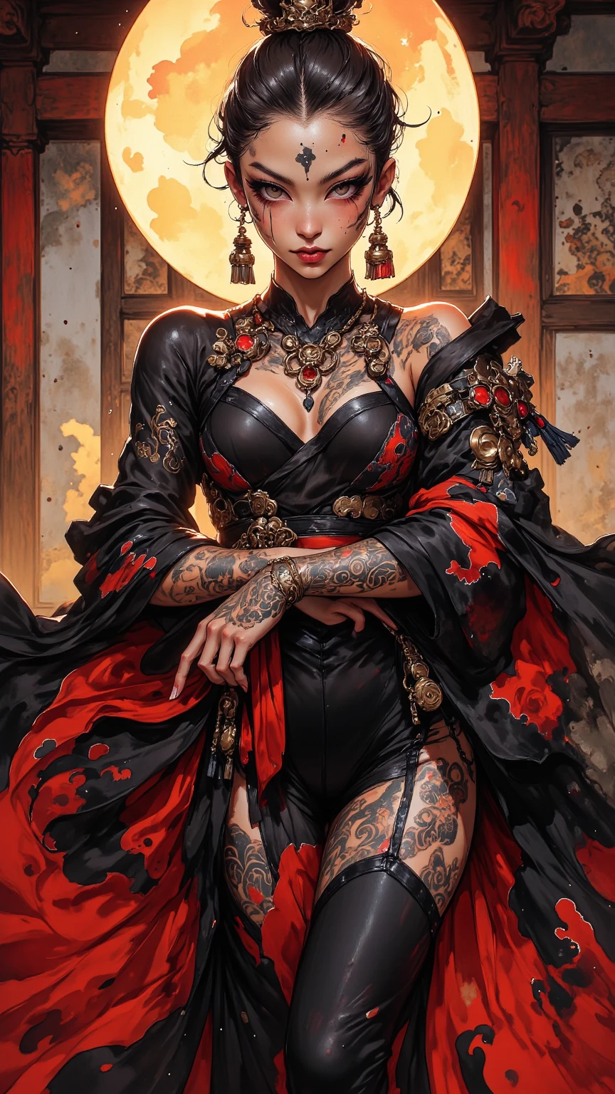 (beautiful) Asian (((Oni female))) warrior, sitting with legs spread, wearing (Tiger print short kimono), with ((thick curvy mature body)) yet ((muscular)), big size body, long and voluminous white hair blown by the wind, (2 long anime_Oni_horns ), reddish fair skin , (perfect detailed face features) expressive eyes with proud look , thick lips