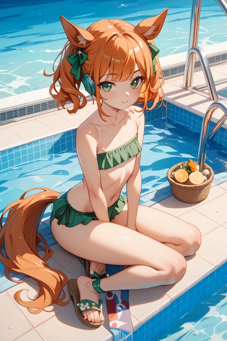 (masterpiece, best quality, highres, photoreaslistic, detailed face, perfect anatomy)), 1girl, ((Silence Suzuka\(umamusume)\)), 17yo, cute,, (((Cute smile, Happy))), (((blush))), Focus on Eyes, (erect nipples), ((puffy nipples)), (nipple stand:1.2), (((large areolae peek micro bikini tops))), (shiny skin, skinny), solo, Beautiful face, Beautiful hair, ((((green micro bikini))), (((((flat chest:1.10))))), (((slim body))), (Beach), (((very humid, sweat a lot))), (((beautiful nipples))), (((beautiful pussy, pubic hair))), (((Shiny skin))), (((Sweat))), (((full body))),