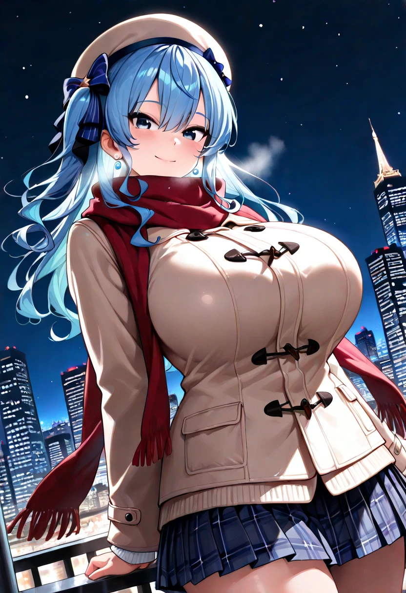 starrysky,Lori huge breasts cleavage,Blue,silber hair,dual horsetail,Bow hair ornament,Watch the fireworks,Dark blue trench coat