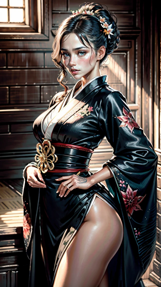 milf, black hair bangs, white eyes, tight kimono, normal body, big tits, glasses, face orgasm, Open shirt, image full body legs crossed, tattoos, dojo
