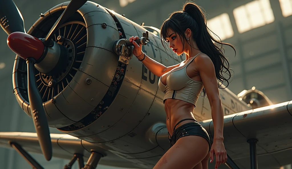 woman, (((from below))), in an agricultural machine, foreshortening, (seductive pose), looking down