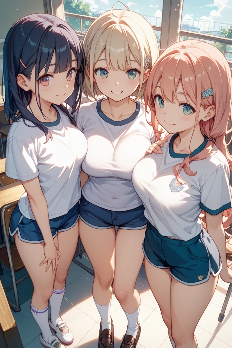 ((highest quality)), ((masterpiece)), (3 girls:1.5), Three cute girls are posing for the camera in a lecture hall, (shirtを持ち上げる:1.3), (three people standing in a row), (Close-up shot from the waist up), (open your mouth and smile:1.3), ray tracing, ((topless)), (), nipple, chest, hair band, head band, hair bobble, blouse, shirt, (high resolution face:1.5), (High definition finger 1.5), ((No panties)), Pussy, No skirts, Asian, Westerners, silver hair, brown hair, blonde, (belly button), jewelry, looking at the viewer, necklace, long hair, short hair, (abs),(written boundary depth),