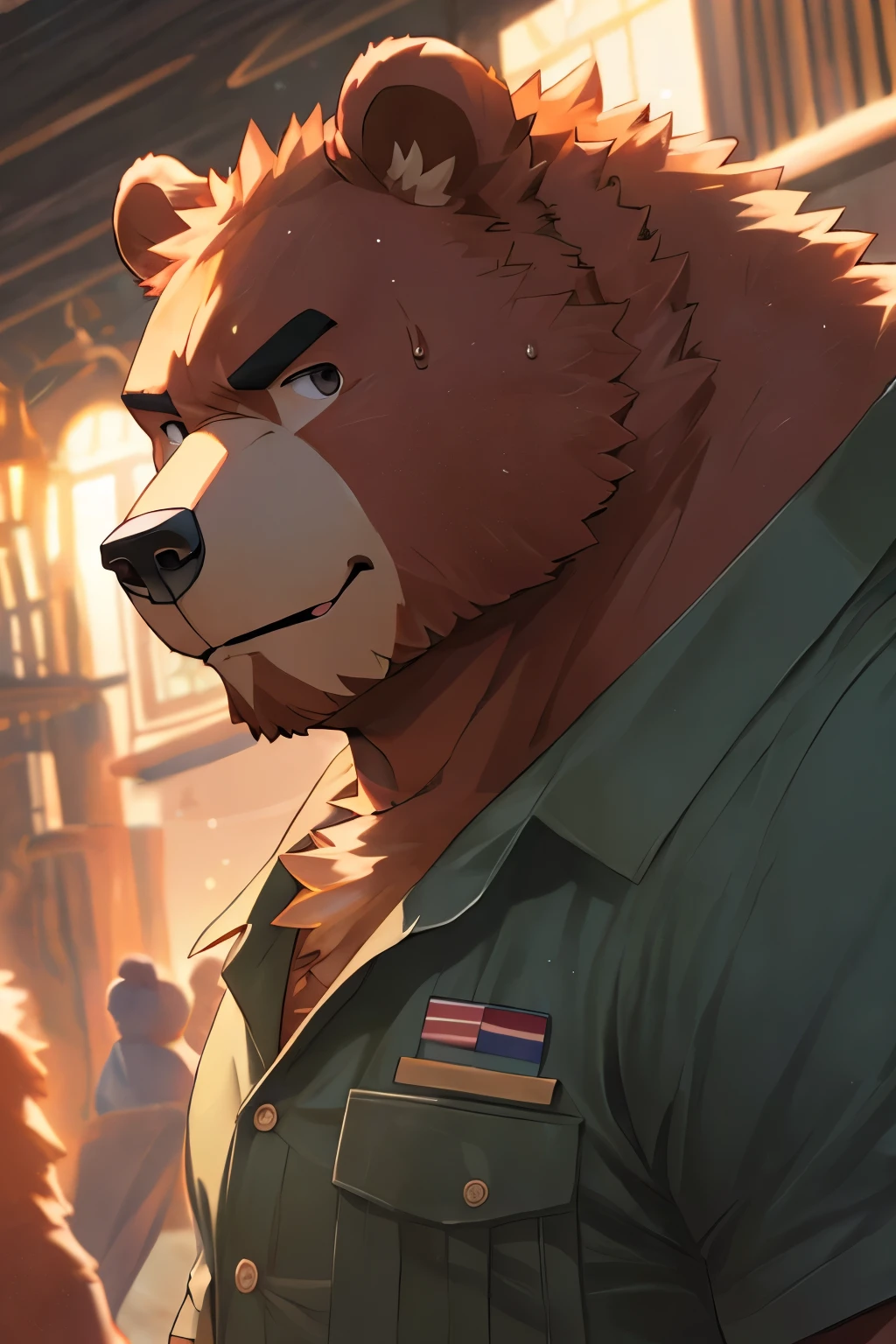 male,25 years old, ((Round Face, Full face ,black eyes, )), ((Endocrine, handsome,Hot Blood)), (), ((domestic 棕Bear,Bear,) furry fur, furry), Outside, (high quality, high resolution, masterpiece), ( dynamic lighting, bright colors), (), full body photo , cartoon, author:Arashi Takehoto, from Zixiong , author:Chunni, author:Ethereal,(background:), ultra-detailed, sweat, Rough, maturity, strong expression, sharp gaze.,bright environment,Characters wear military uniforms,Sloppy