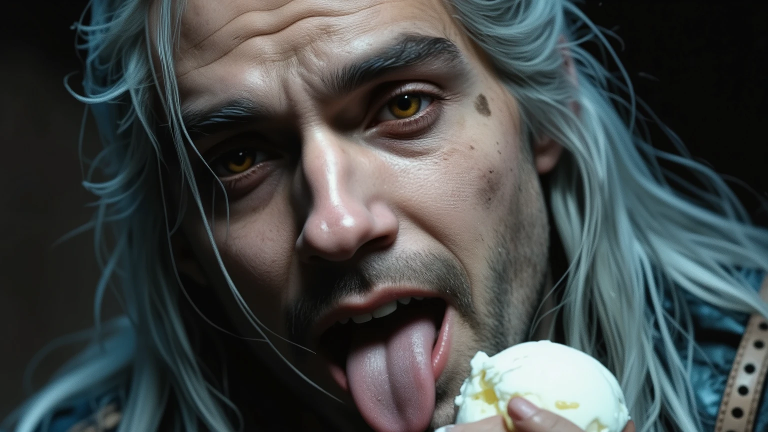 Geralt of Rivia, medium close up, eating ice cream, looking at the viewer, tongue out, teasing, seducing
