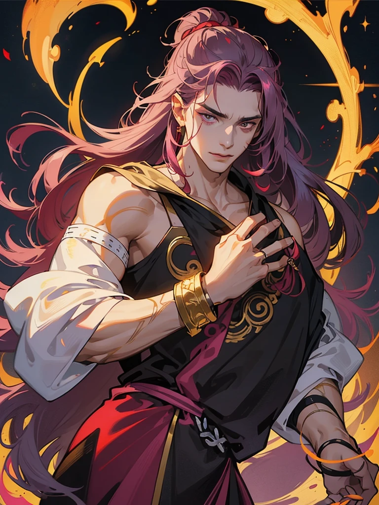 boy, red hair half tied at shoulder length and a little messy, amber eyes, skin fair, greek clothing, smoke tattoo on neck and arm, uncanny, darkness background, shunlight.