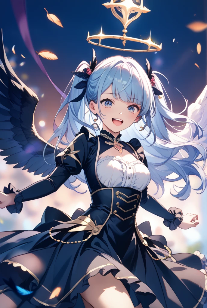 (masterpiece, best quality, detailed), 1girl, solo, looking at viewer, furina, ahoge, long hair, blue eyes, hair between eyes, white hair, streaked hair, blue hair, heterochromia,
(valkyrie, winged helmet, armored dress), wings, thighhighs, helmet, outdoors, garden, grass, night, hydrangea, wariza, hand between legs, from above, smile, open mouth