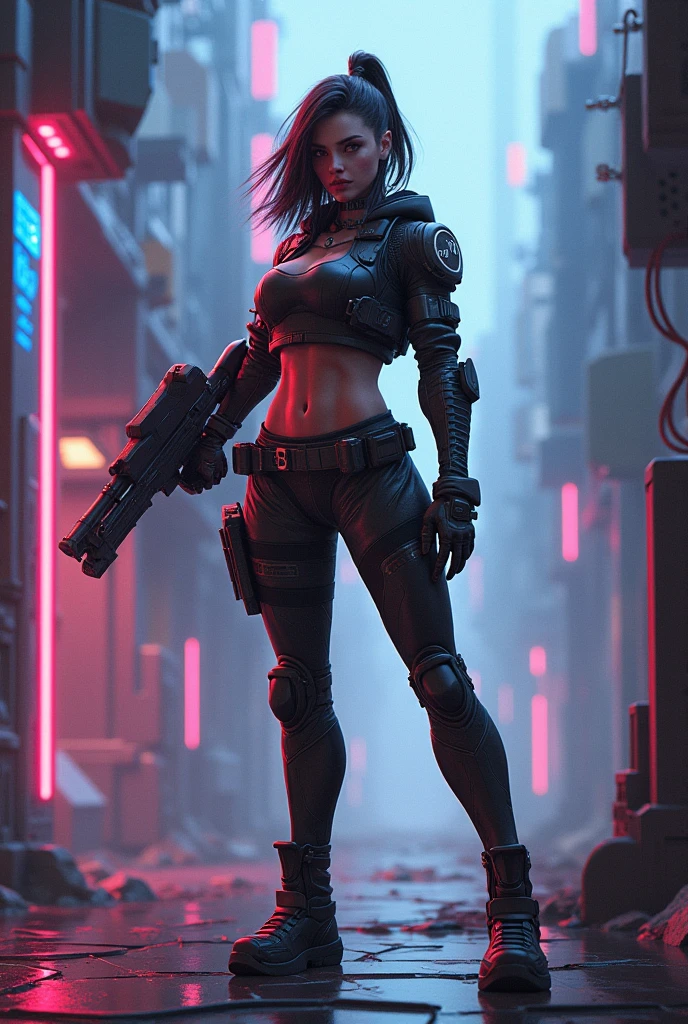 (Front view:1.5),(full_shot:1.7), girl,独奏,photo,Steampunk girl photo illustration,Shining blue eyes,Tights,Side view iconic model walking pose,Advanced Cybernetic Helmet,Waist bag with heavy weapons,Enhanced cybernetic gloves with large weapons,Full body torso,Athlete posture body,Low angle shot,Fantasy Art,Two tones,Digital photo art,Ultra Detail,Clarity,High contrast,Bright atmosphere,Rich texture,Complex patterns,Vibrant colors,Movie Lighting,Accurate anatomical proportions, realistic digital art,Highly detailed VFX portraits,Stunning large-scale cybernetic background,Stunning digital art,Surrealistic Fantasy Art,Dramatic shadows,Dramatic lighting,Interwoven elements