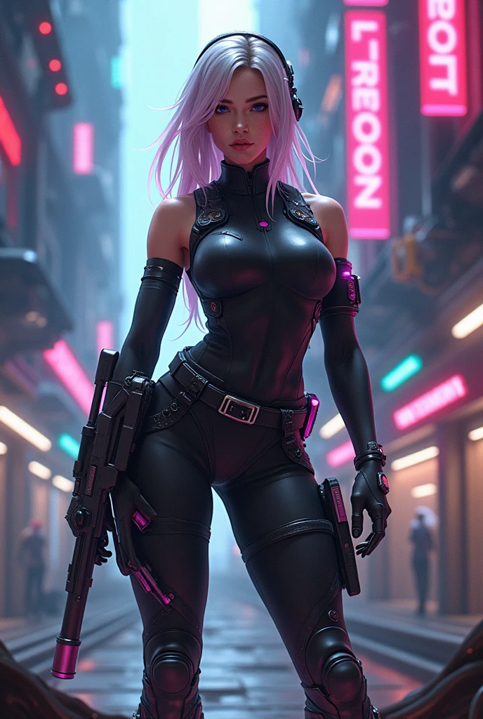 black, pink, white, purple, (long white hair woman), (full body shot), tattoos, thick, big breasts, cleavage, sexy, erotic, (tactical techwear clothes:1.1), (tactical boots:1.1), abstract lines and circles background