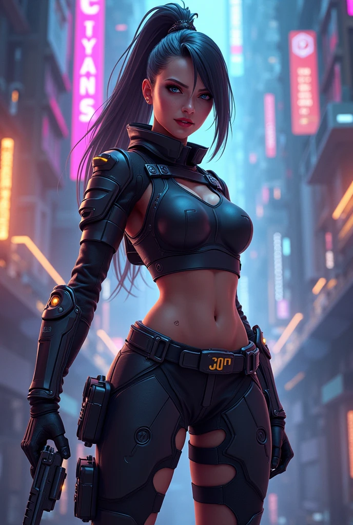 Cyberpunk,black yellow bodysuit,black afro*hairstyle) blue eyes,big blsck boots,cyberpunk face implants,,mechanical limbs,muscular,Gtscity,GtsGiga,leathers jacket,neon lights,purple tinted circle rimmed sunglasses, cyberpunk biker,best quailty,masterpiece ,dark skin,dark skinned female,solo