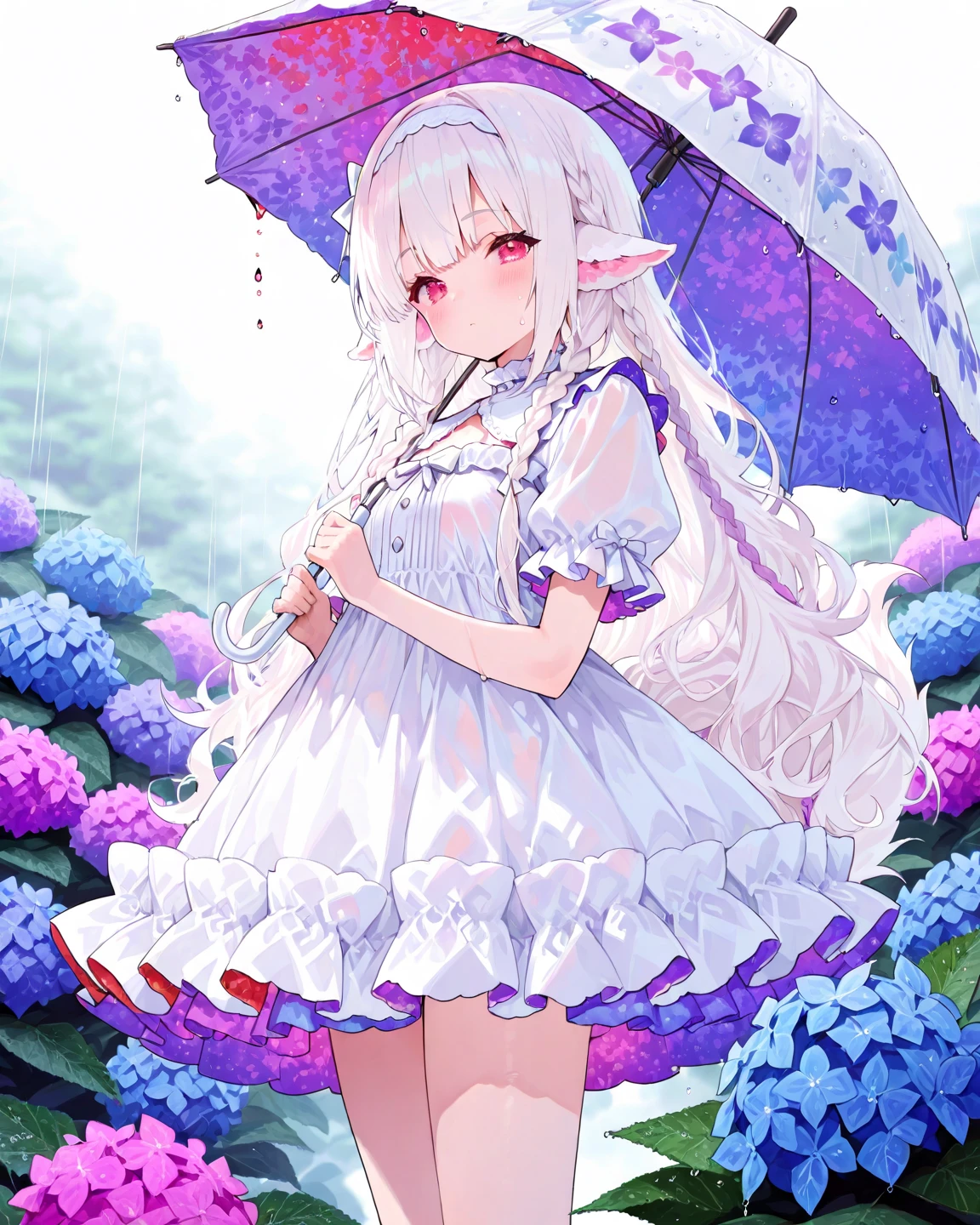 1girl, solo,( pink headwear:1.1), hat, standing,( from above:1.2), long hair, pink hair,holding, dress,purple eyes, pointy ears, smile, breasts,( outdoor:1.2),short sleeves, white hair, jewelry, looking at viewer, bag, bangs, open mouth, holding wand, bow, wand, virtual youtuber, ribbon, black bow, shoulder bag, criss-cross halter, earrings, staff, puffy sleeves, :d, halterneck, handbag, puffy short sleeves, bracelet, medium breasts, thigh strap, shoes, white footwear, blue dress, multicolored hair, holding staff, cleavage, heart, choker, bridal garter, hat bow, straight-on, bare legs, pink bow, hair ribbon, twintails, hair ornament, gradient dress, hair bow, white dress, pink bag, blush, bead bracelet, ankle strap, braid, high heels, sun hat, wavy hair, white headwear, cleavage cutout, (pink ribbon:1.2), hair between eyes, frills, (flowers:1.1), hat ribbon, collarbone, mole, sidelocks, skirt, (gloves:1.1),( pink flower:1.1), beads,, wrist cuffs, elf, black choker