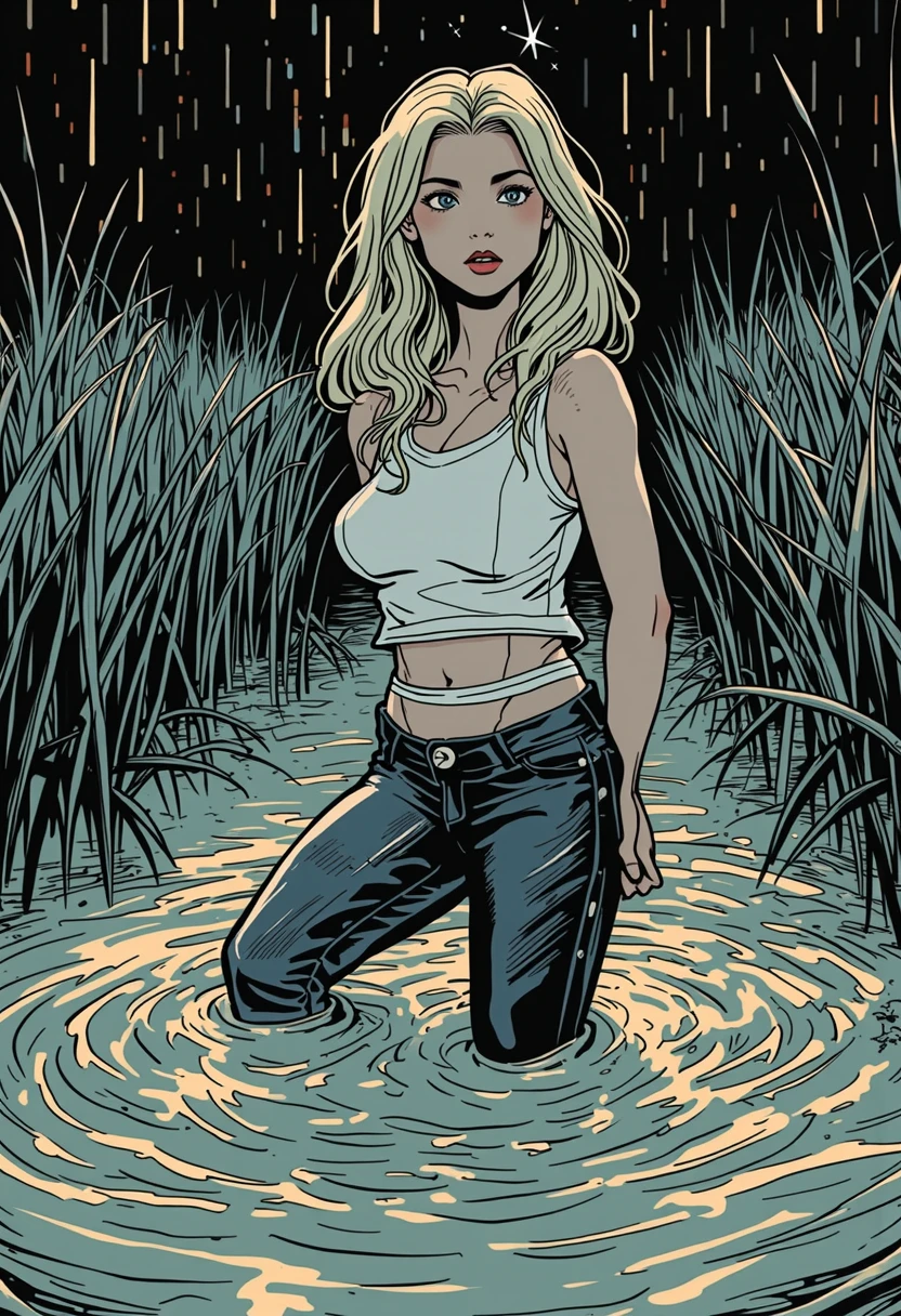 ultra-detailed, professional, masterpiece, sinking in quicksand, memorable, feminine woman, t-shirt, flared jeans, dusk, fetishistic posing, fetish, wet and messy fetish photo session