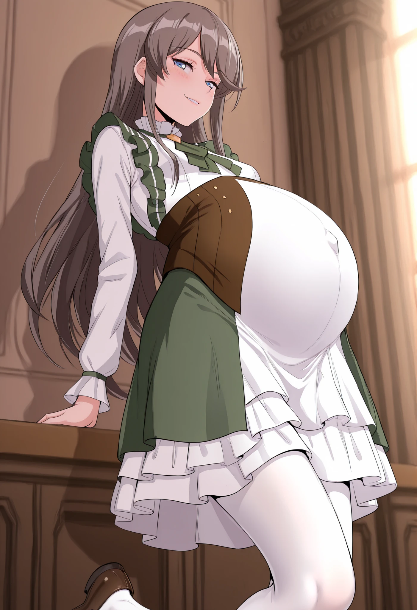 BREAK masterpiece, best quality), amazing quality, absurdres, highres, newest, HDR, 8K, tilly_wimbledon, grey hair, long hair, blue eyes, 1girl,two-tone dress, frills, long sleeves, brown corset, green neckerchief, loafers, white pantyhose, pregnant, flirty face, seductive smile