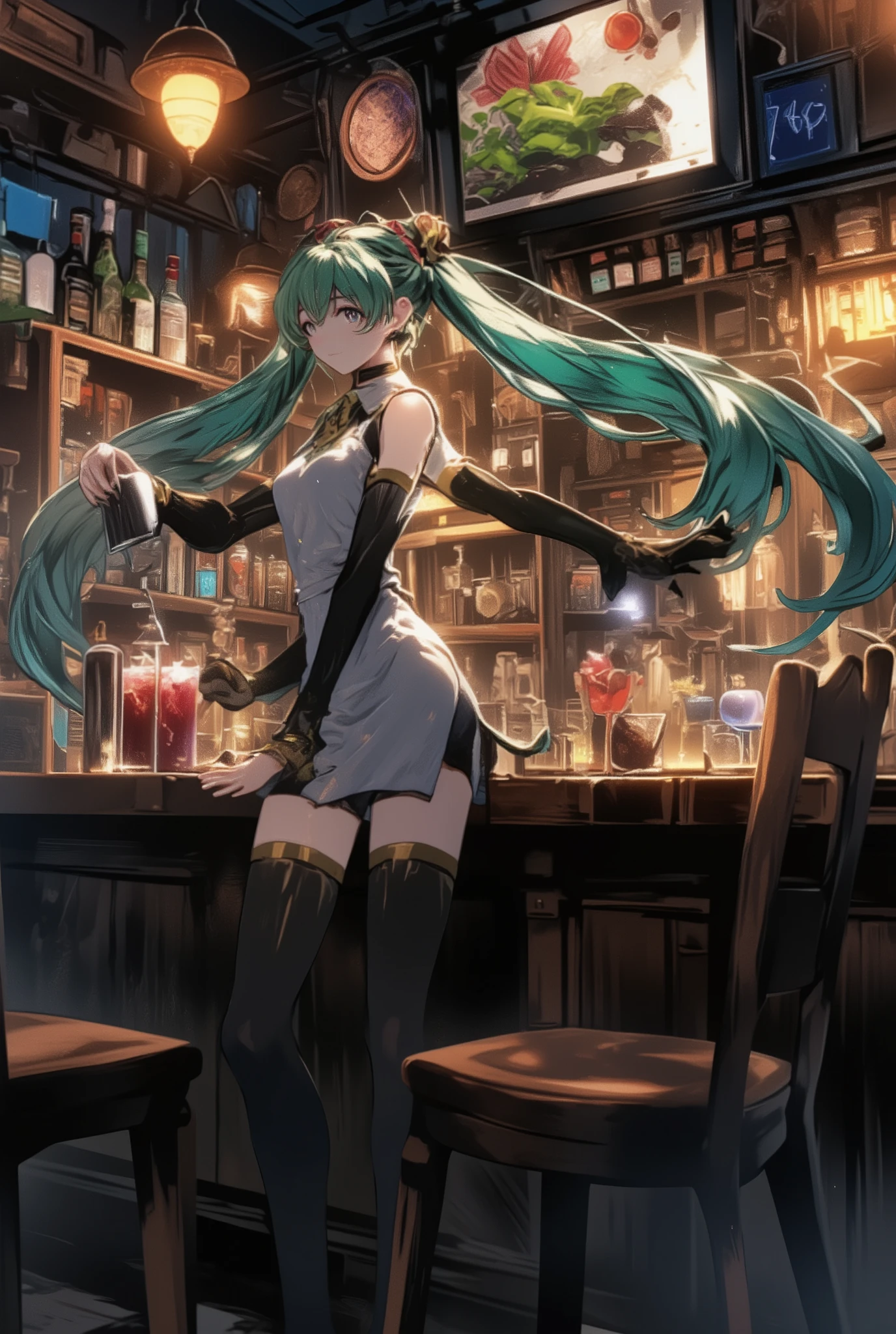 ( masterpiece、 最High Quality、 最High Quality、official art、 beautiful beautiful :1.2) Hatsune Miku、Light Green Twin Tails, beautiful breasts, speakeasy, speakeasy interior, 1940's Style , Dimly lit bar, Wooden furniture, Brass Accents , vintage decorations, hidden entrance, moody lighting, bartender, High Quality, 4K, masterpiece, Ultra Details, high resolution, 超high resolution, Studio Lights, sharp concentration in nude clothes, Physically Based Rendering, extreme detailed description, professional, Vivid Colors, Bokeh,bartender服を着た女の子、shelf for shaking cocktails、Hidden Bar、retro atmosphere、Bottles of alcohol are lined up on the